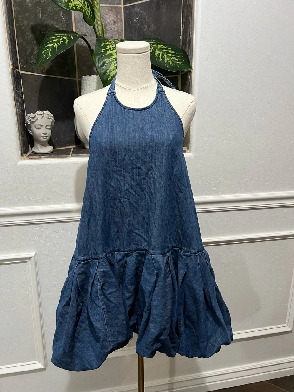 Free People Bubble Hem Mini Denim Dress Size Small